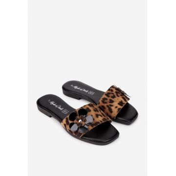 Sandale dama maro cu negru din piele cu floare model tip papuc