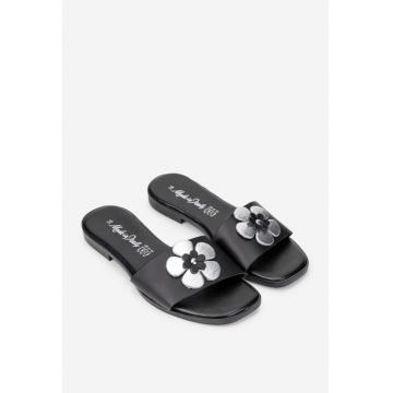 Sandale dama negre din piele cu ornament model tip papuc