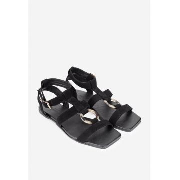Sandale dama negre din piele intoarsa cu ornament