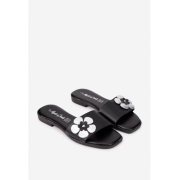 Sandale dama negre din piele naturala cu floare model tip papuc