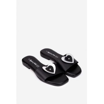 Sandale dama negre din piele naturala cu ornament model stil papuc