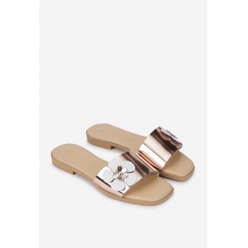 Sandale dama roz din piele cu floare model tip papuc