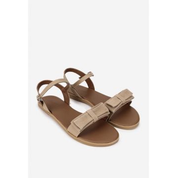 Sandale dama taupe din piele cu funda