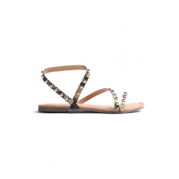 Sandale de piele cu animal print si varf patrat - Galben deschis