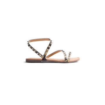 Sandale de piele cu animal print si varf patrat - Galben deschis