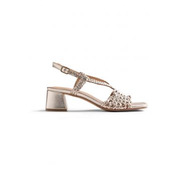 Sandale de piele cu garnituri metalice impletite - Auriu platinat