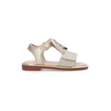 Sandale de piele ecologica cu velcro - Auriu/Maro camel