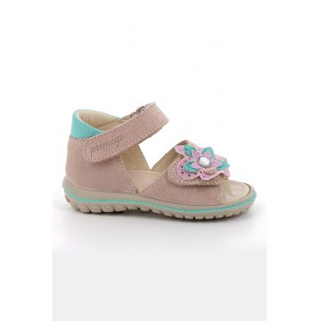 Sandale din piele intoarsa cu inchidere velcro si aplicatie cu model floral