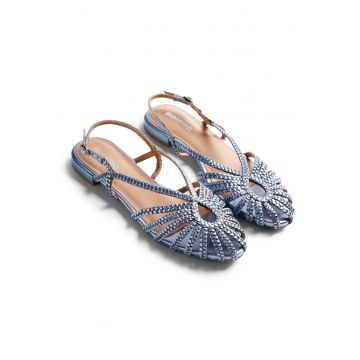 Sandale fisherman de piele cu aspect impletit - Albastru pastel