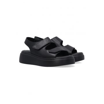 Sandale negre din piele cu platforma si inchidere cu velcro