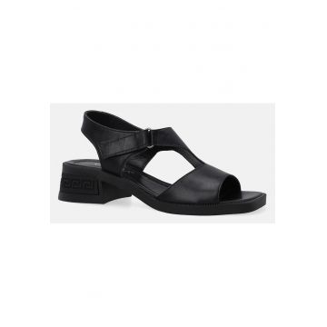 Sandale negre din piele cu toc si inchidere velcro -