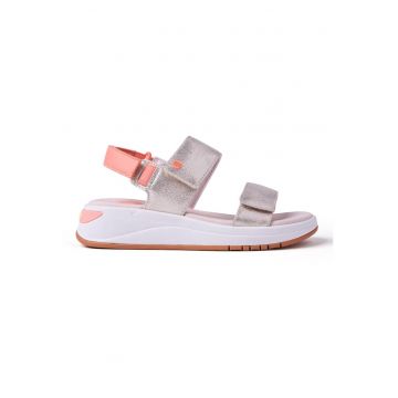 Sandale wedge de piele ecologica Shiny Sporty - Portocaliu/Argintiu