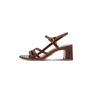 Sandale cu aspect lacuit si toc masiv - Maro cognac