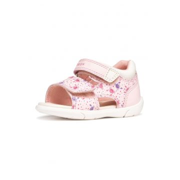 Sandale cu imprimeu cu velcro - Alb fildes/Roz pastel