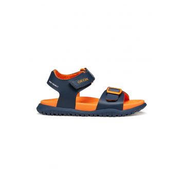 Sandale de piele ecologica cu velcro Fusbetto - Albastru ultramarin/Portocaliu mandarina
