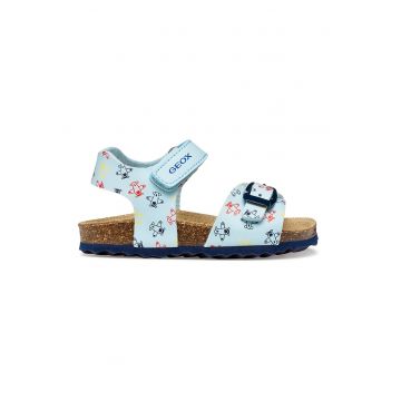 Sandale de piele ecologica cu velcro si model - Rosu vermillion/Albastru deschis