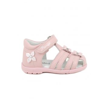 Sandale din piele cu inchidere velcro - Roz pal/Argintiu