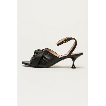 Sandale din piele cu model cu funda si toc kitten - Negru