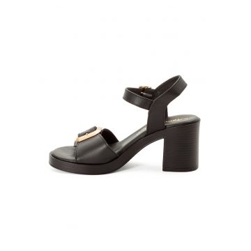 Sandale din piele cu toc masiv - Negru