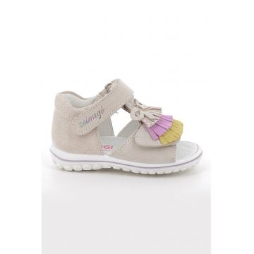 Sandale din piele intoarsa cu inchidere velcro si canaf - Galben/Maro taupe deschis/Roz