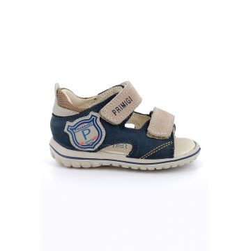 Sandale din piele nabuc si piele intoarsa cu inchidere velcro - Piersica/Bleumarin