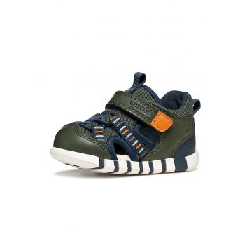 Sandale fisherman cu piele ecologica si velcro - Portocaliu mandarina/Verde masliniu inchis
