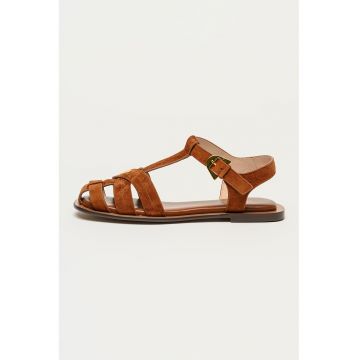 Sandale fisherman din piele intoarsa - Maro cognac