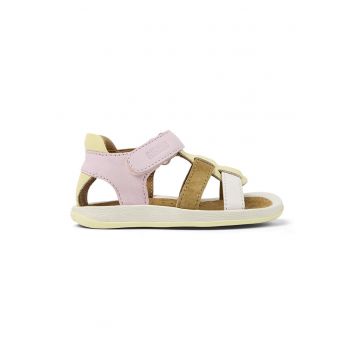 P Sandale din piele si piele intoarsa cu velcro Bicho - Roz pal/Crem