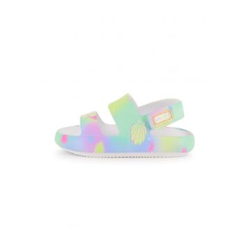 Sandale cu velcro si text - Galben/Verde pal