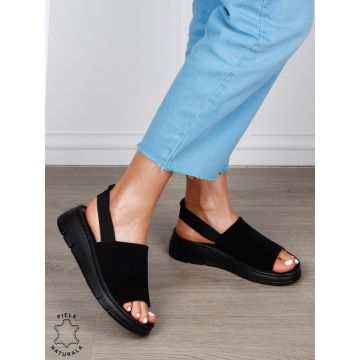 Sandale Damă din Piele Naturală Intoarsa cu Design Modern și Bareta Elastică CRL1275 NEGRU