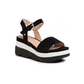 Sandale dama -  piele naturala - negru/alb - cu platforma