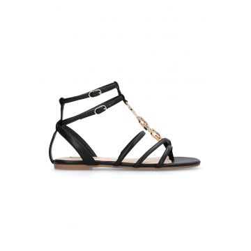 Sandale de piele ecologica cu bareta multiple si detalii monograma metalice - Negru - Bej deschis -