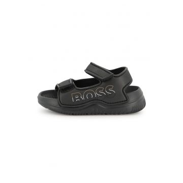 Sandale de piele ecologica cu velcro si logo - Negru