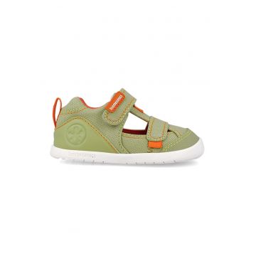 Sandale din material textil cu insertie din piele ecologica - Portocaliu mandarina/Verde masliniu/Alb optic