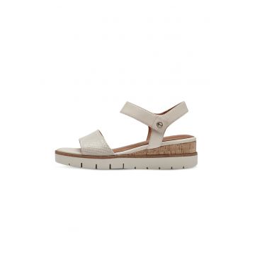 Sandale din piele cu talpa wedge si inchidere velcro - Gri deschis