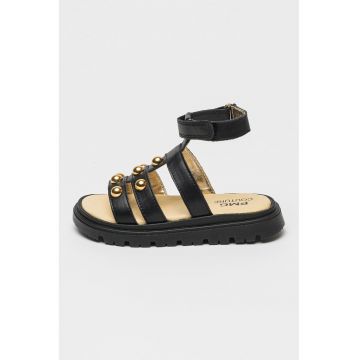 Sandale din piele cu velcro - Auriu/Negru