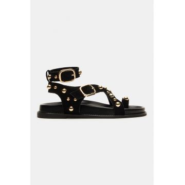 Sandale din piele intoarsa cu bareta pe glezna si margele decorative - Auriu/Negru