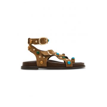 Sandale din piele intoarsa cu bareta pe glezna si margele decorative - Caramel