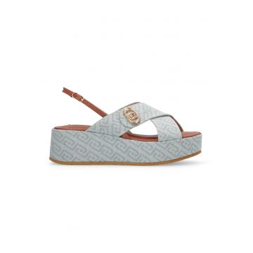 Sandale wedge cu model - Albastru prafuit/Caramel
