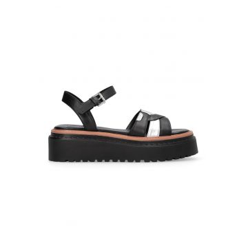 Sandale wedge de piele Bessie 01 - Negru/Caramel/Argintiu