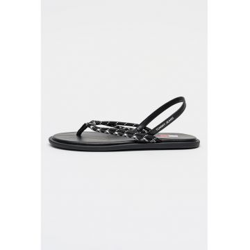 Sandale cu talpa plata - bareta in T si logo - Alb/Negru