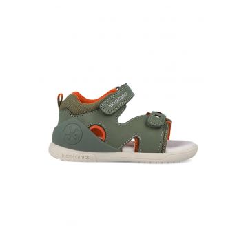 Sandale din piele cu varf decupat si garnituri din material textil - Portocaliu mandarina/Verde aquamarin/Alb murdar