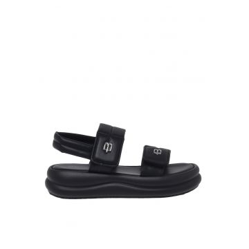 Sandale din piele ecologica cu platforma si velcro - Negru