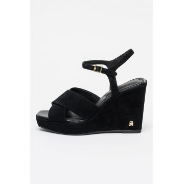 Sandale wedge din piele intoarsa - Negru