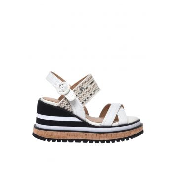 Sandale wedge din piele si rafie - Alb