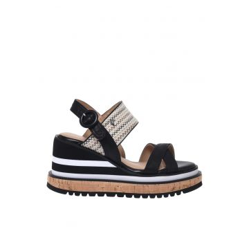 Sandale wedge din piele si rafie - Negru