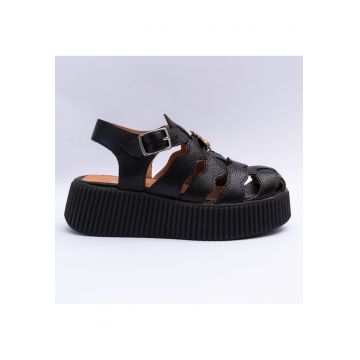 Sandale dama din piele naturala cu accesoriu - negru bizonat - Negru