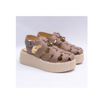 Sandale dama din piele naturala cu accesoriu - roz pal bizonat - Roz pal