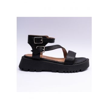 Sandale dama din piele naturala cu barete - negre - Negru
