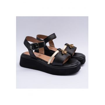 Sandale dama din piele naturala - negru cu auriu - Negru